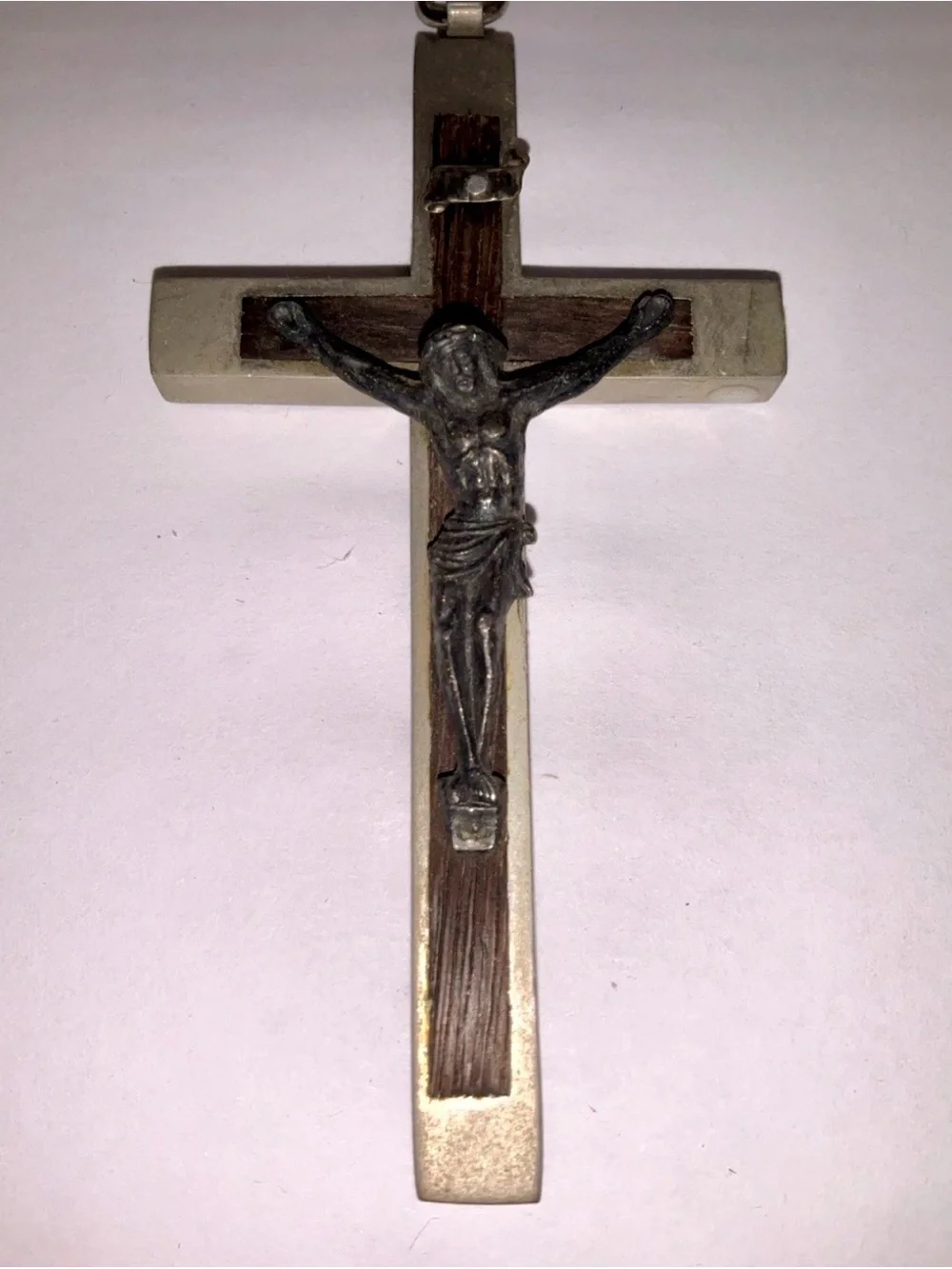 Vintage Italy Brown Enamel Crucifix Cross Pendant Catholic Silver Tone 3.5”